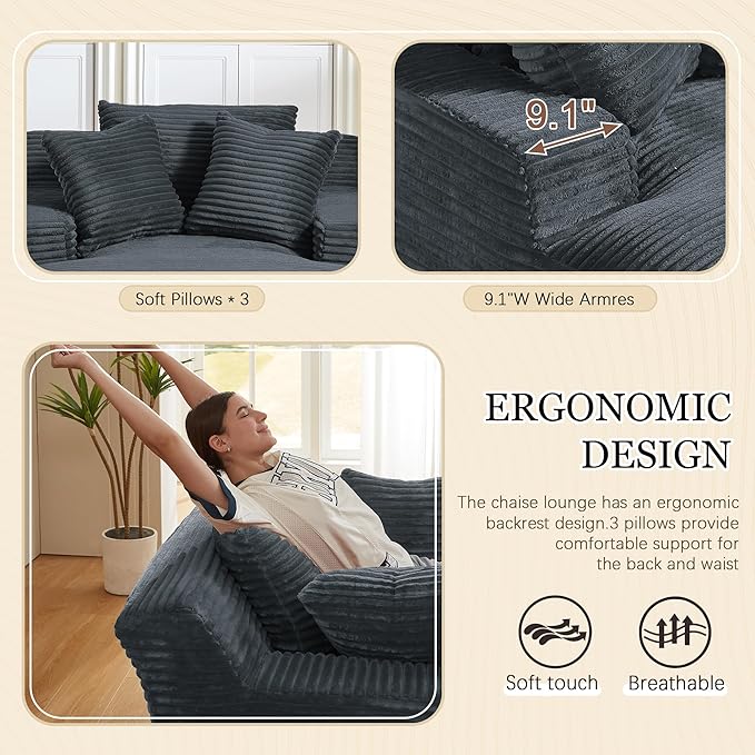 80 Inch Chaise Lounge Chair Indoor, Oversized Corduroy Upholstered Boneless - Image 4