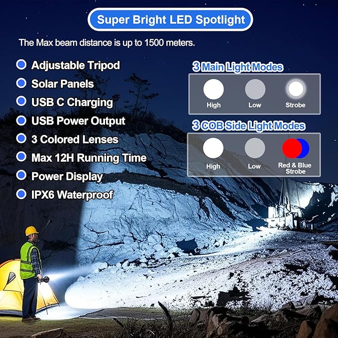 Rechargeable Spotlight Flashlight, Peascat 3, 000L Lumens LED Handheld Spot - Image 2
