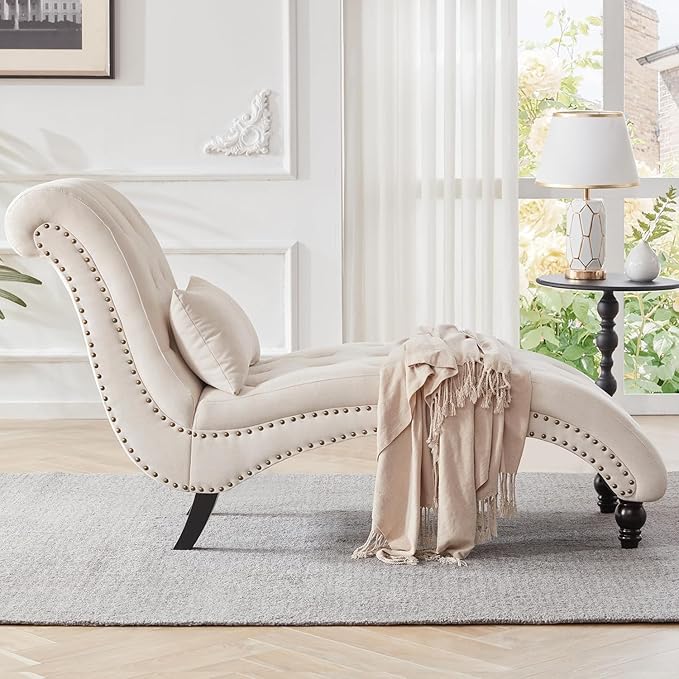 Tufted Soft Chaise Lounge Indoor, Linen Rivets Chaise Lounge Chair - Image 4