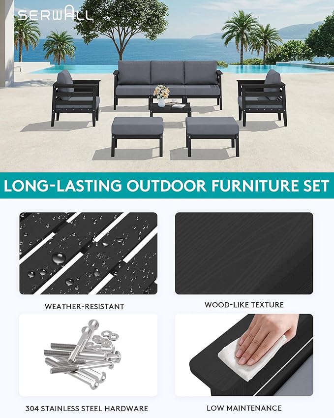 SERWALL HDPE Patio Furniture Set, 8 Pieces Composite Outdoor Furniture - Image 6