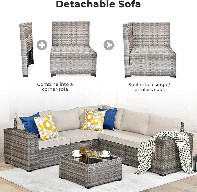 ovios 6 Pieces Patio Furniture Set, Outdoor Wicker Sectional Sofa - Image 9