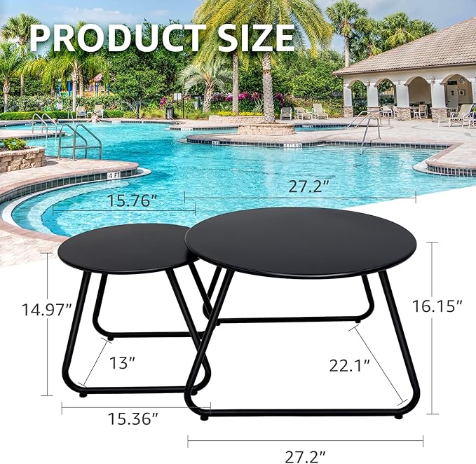 Patio Outdoor Coffee Table Set of 2, Weather Resistant Steel Round End Tables - Image 3