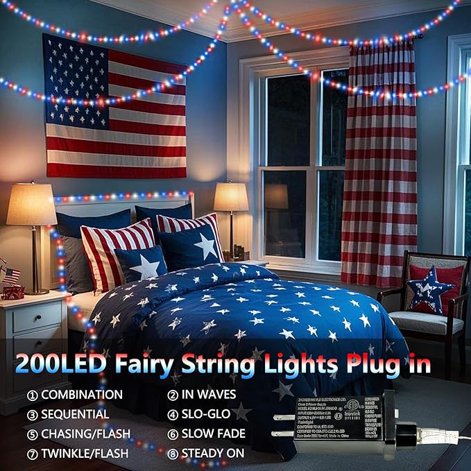 66Ft 200 LED Red White and Blue Fairy Lights Plug in, July 4th Waterproof - Image 3