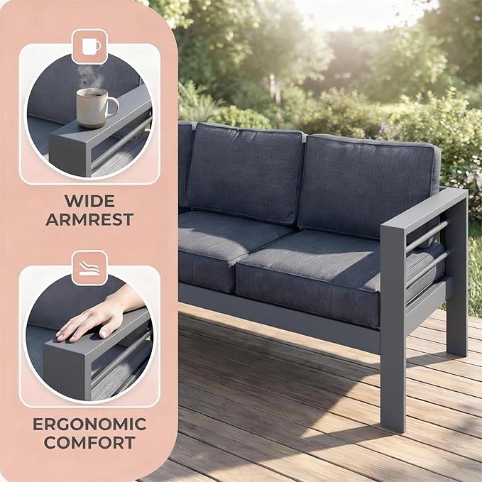 Kiss the Water Outdoor Couch Aluminum Patio Furniture Sofa, 3 Seat All-Weather - Image 3