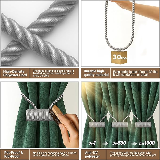 Hion Magnetic Curtain Tiebacks Grey 6 Pack, Curtain Tiebacks Buckles Holdbacks - Image 3