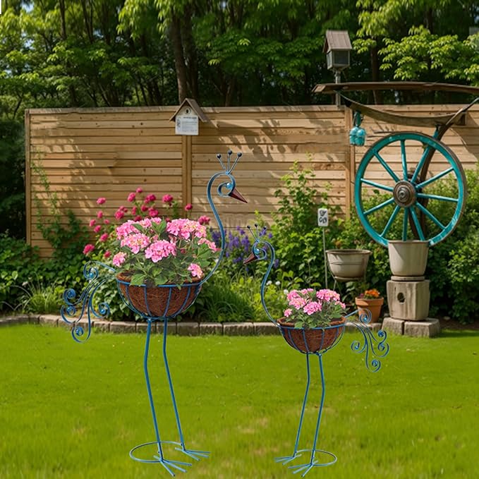 Metal Peacock Planter with Fiber Basket -Garden Bird Planters - Image 5