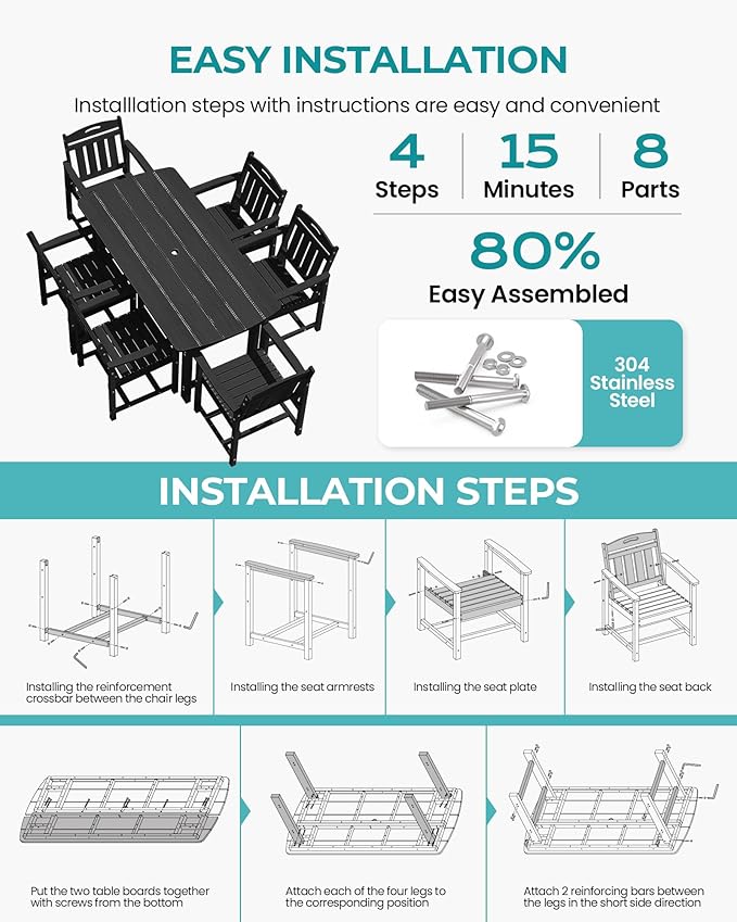 Outdoor Rectangle Dining Table, Heavy-Duty HDPE Table - Image 5