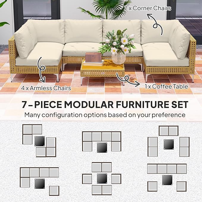 Outsunny 7 Piece Wicker Patio Furniture Set, Modular Outdoor Sectional - Image 4
