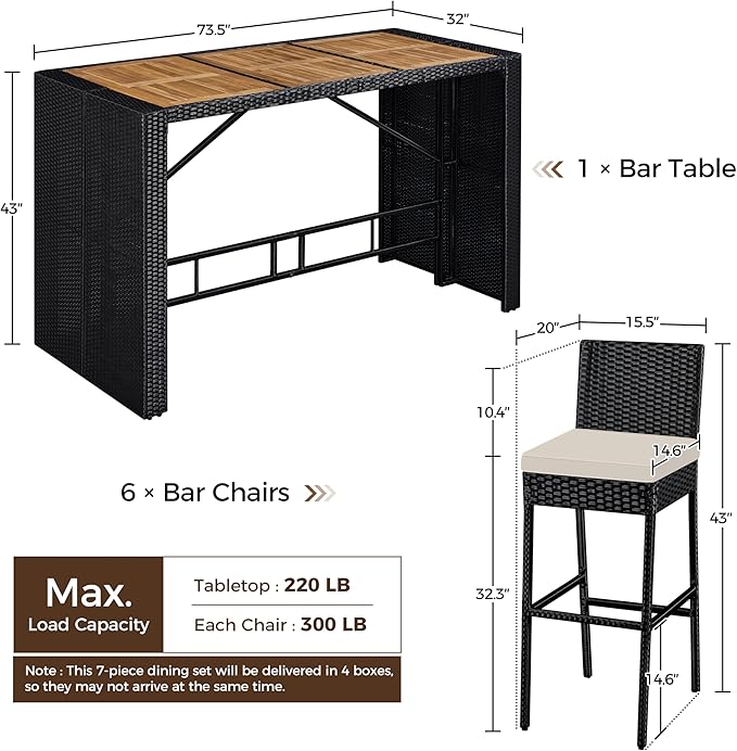 Yaheetech 7 Piece Patio Dining Set Outdoor Acacia Wood Bar Table and Chairs - Image 3