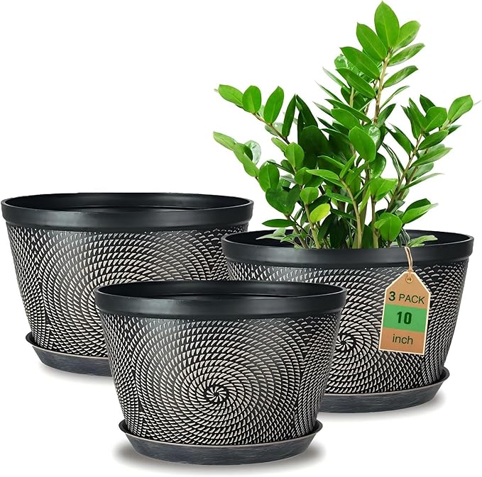 Quarut 10 Inch Flower Pots for Outdoor Indoor, 3 Pack Plastic Plant Pots by Quarut