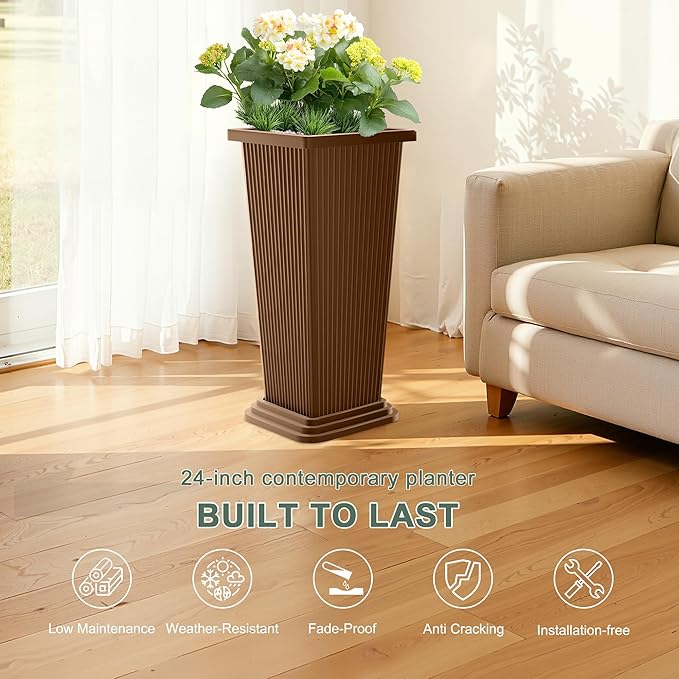 Set of 2 Large Planters for Outdoor Plants 24" Tall Tapered Modern Flower Pots - Image 3