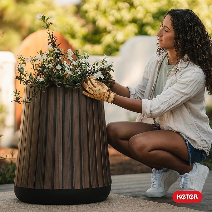 Keter Signature Conic 23.8 Inch Tall Round Large Wood Look Planter - Image 11