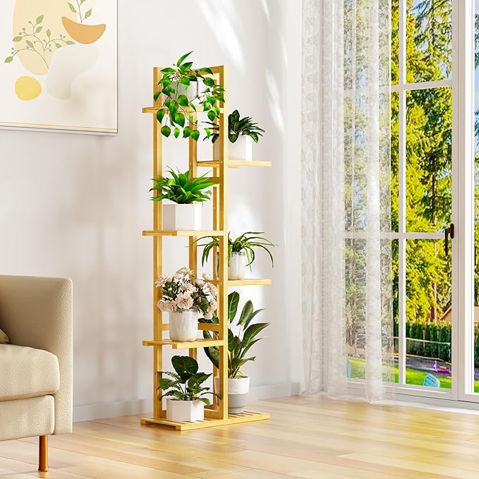 6 Tier Bamboo Plant Stand Indoor, Wood Tall Flower Holder Corner Tiered Plant - Image 6