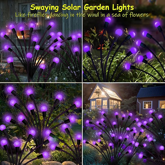 Kohlrabi Solar Garden Lights Outdoor, 4 Pack 40 LED Solar Purple Firefly Lights - Image 5