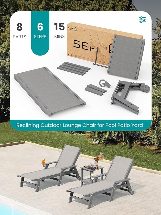 SERWALL Patio Chaise Lounge Chair, 5 Positions Outdoor Lounger - Image 8