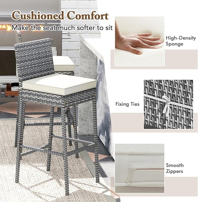 HAPPYGRILL Patio Wicker Barstools Set of 2, Outdoor Bar Height Chair w/Soft - Image 8