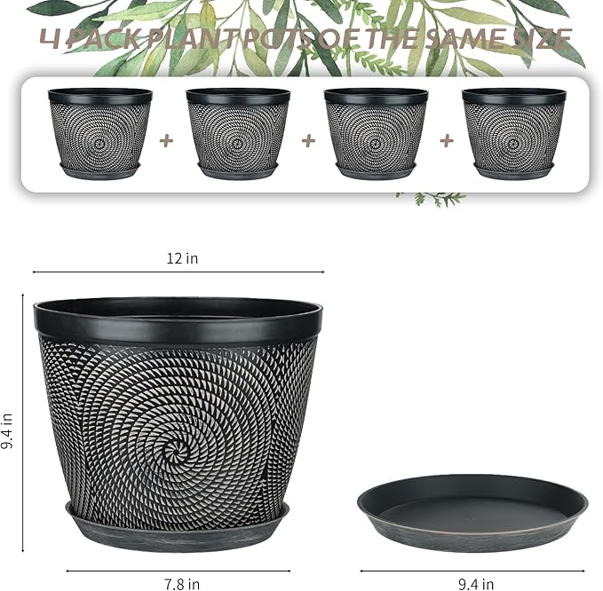 Quarut 12 Inch 4 Pack Large Plant Pots, Plastic Flower Pot - Image 3