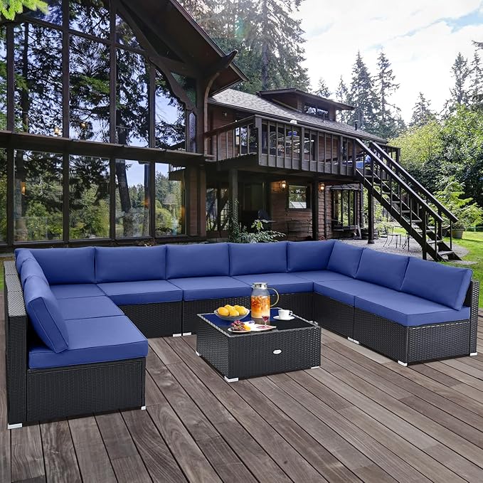 Tangkula 10 Pieces Patio Sofa Set, Outdoor Wicker Conversation Set - Image 2