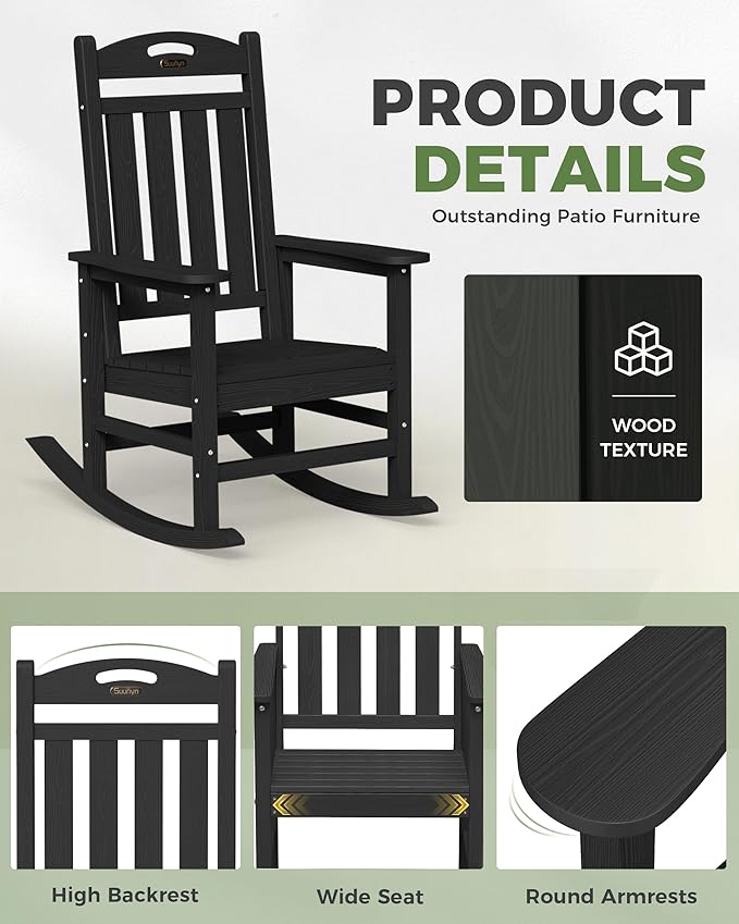 Oversized Outdoor Rocking Chairs Set of 4, High Back Porch Rocker Chair - Image 6