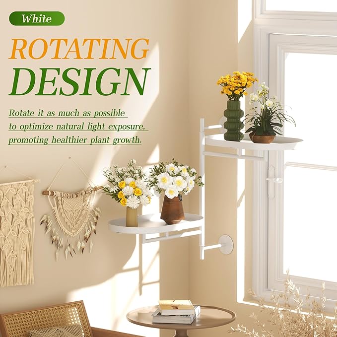 Window Rotating Plant Stand Shelf Indoor White Metal Floating Shelves 2-Tier - Image 2