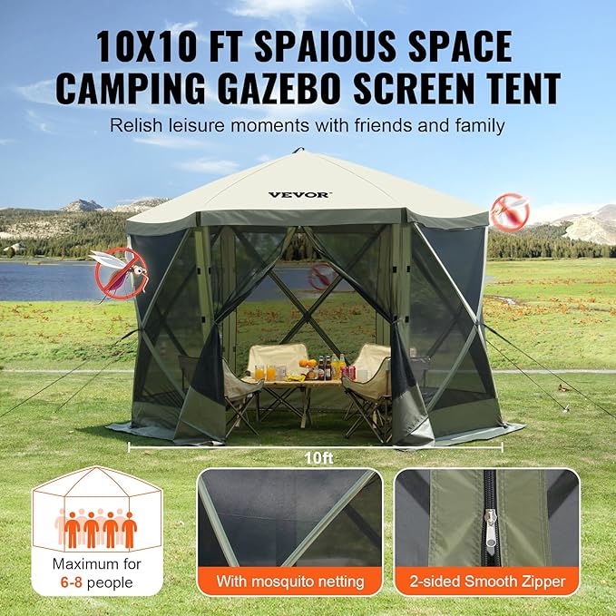 VEVOR Pop Up Gazebo Screen Tent 6 Sided Canopy Sun Shelter - Image 7