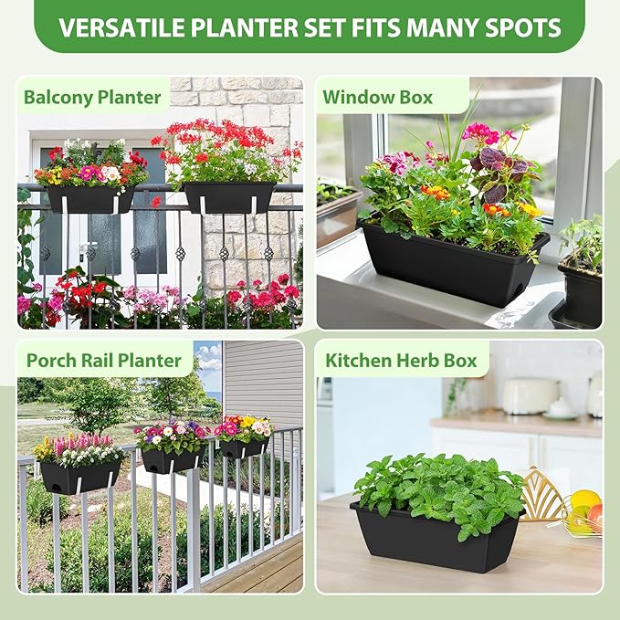 OYEAL 4 Pack Railing Planter Box Outdoor Hanging Balcony Planters 17 Inch - Image 6