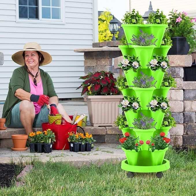 Umigy 2 Set of 7 Tier Vertical Planter Stackable Tower Planters Strawberry Herb - Image 5