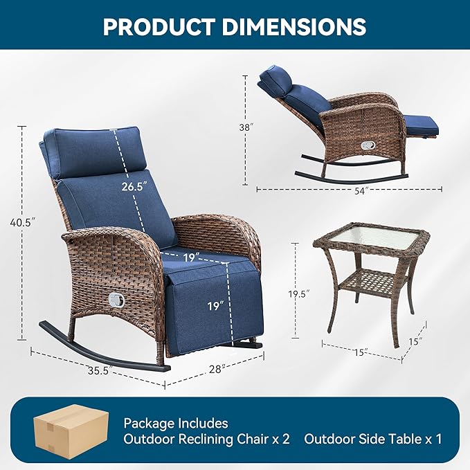 3 Pieces Zero Gravity Wicker Patio Rocking Recliner Chairs Set of 2 - Image 2