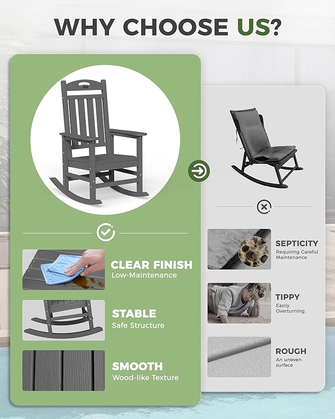 Oversized Outdoor Rocking Chairs Set of 4, High Back Porch Rocker Chair - Image 8