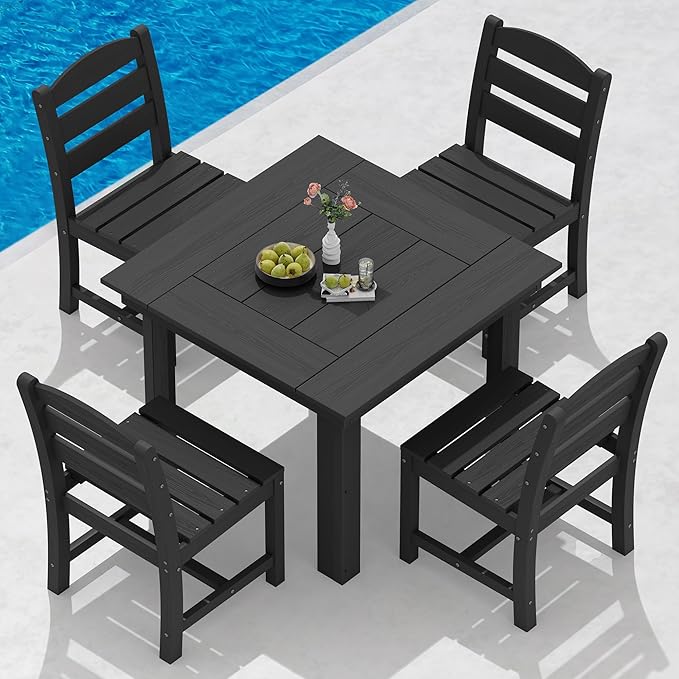 SERWALL Outdoor Dining Set for 4, HDPE Square Table and Chairs Set All Weather by SERWALL