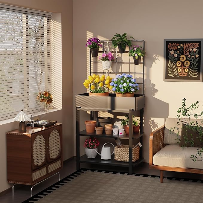 Metal Raised Garden Bed with Trellis & 2-Tier Storage Shelf, Elevated Planter - Image 7