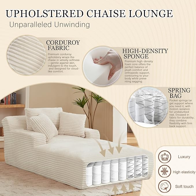 80 Inch Chaise Lounge Chair Indoor, Oversized Corduroy Upholstered Boneless - Image 3