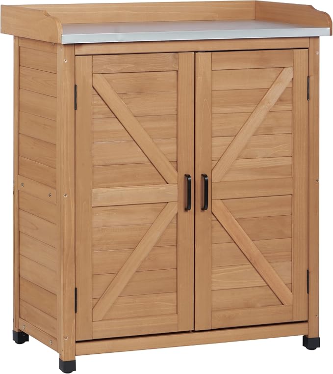 Outdoor Potting Bench with Storage Cabinet and Metal Top, Wood Workstation by Wood-Natrl