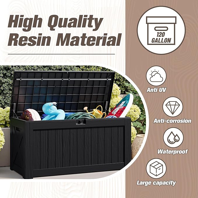JUMMICO 120 Gallon Resin Deck Box, Large Outdoor Storage Box Waterproof & - Image 3