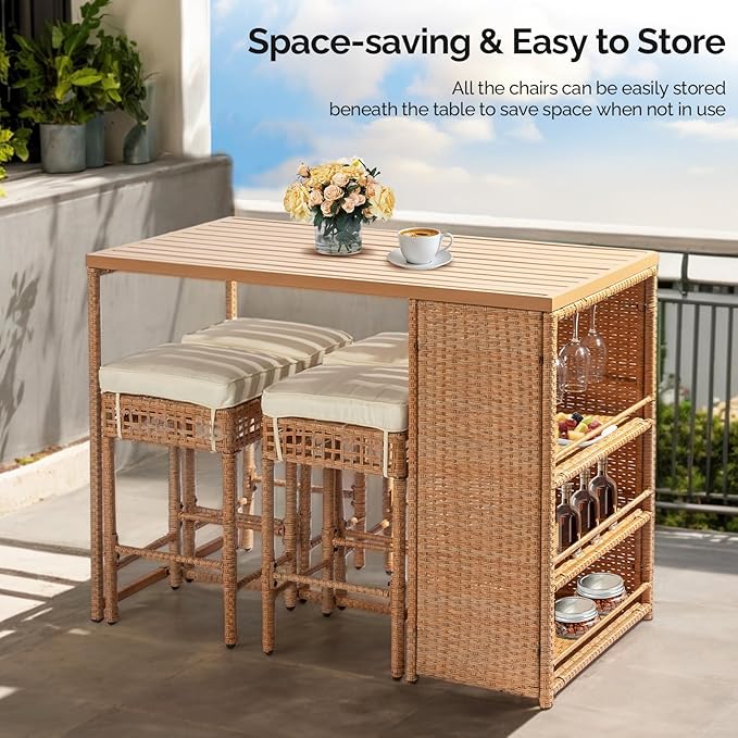 Outvita 5-Piece Outdoor Bar Set, Wicker Rattan Bar Height Patio Set w/4 Cushion - Image 7