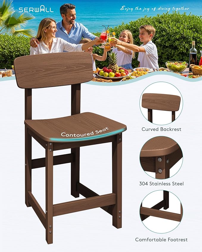 SERWALL Outdoor Bar Stools Set of 2, All Weather HDPE 25" Counter Height Bar - Image 4