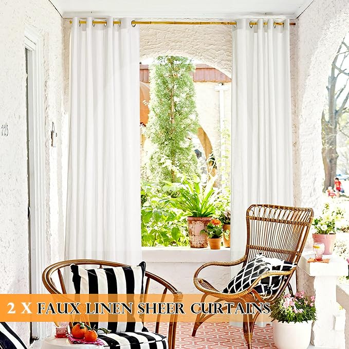 RYB HOME Sheer Curtains for Patio Outdoor, Linen Textured White Panel Grommet - Image 3