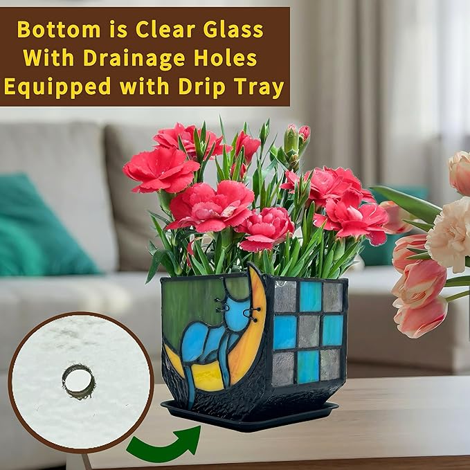 Tiffany Stained Glass Unique Moon Sleeping Blue Cat Planter, Indoor Plant Pots - Image 5