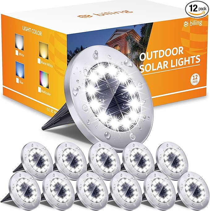 Biling Solar Outdoor Lights 12 Pack, Bright 12 LEDs Solar Ground Lights by biling