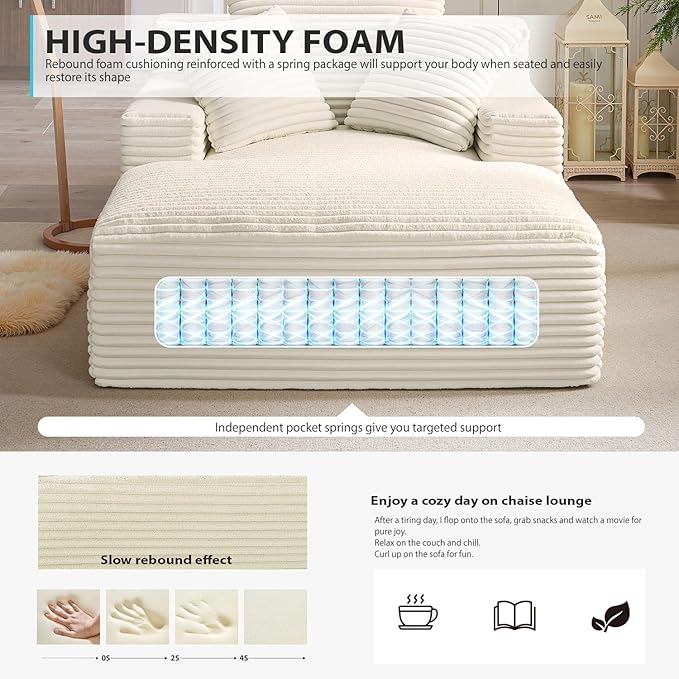 50 Inch Chaise Lounge Chair Indoor, Oversized Corduroy Upholstered Boneless - Image 3