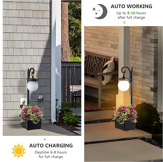 Outdoor Post Light with Planter, Matte Black Solar Lamp Post Light with Globe - Image 4