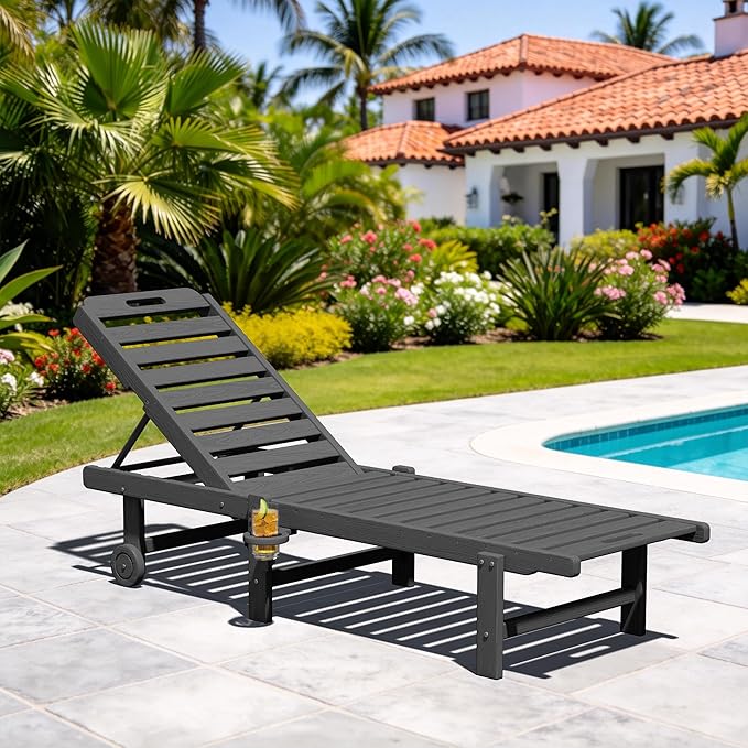 SERWALL Outdoor Chaise Lounge Chair, HDPE Patio Lounge Chair - Image 2