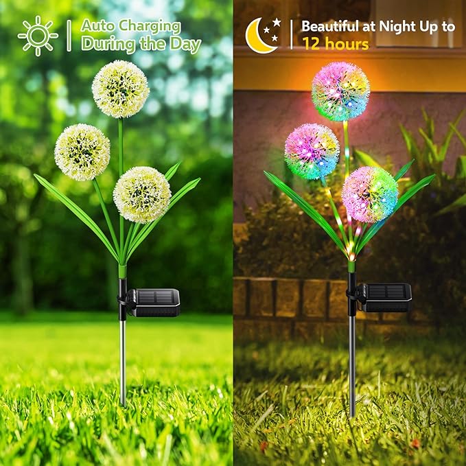 Solar Lights Outdoor Garden Decor: 2 Pack Upgraded Solar Dandelion Garden Light - Image 5