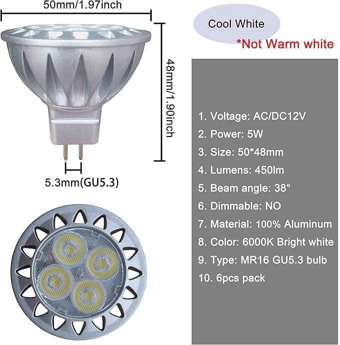 ALIDE MR16 Led Bulbs 6000K Daylight Bright Cool White 5W, Replace 20W 35W - Image 3
