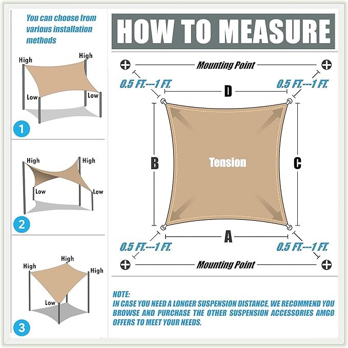 Amgo 14' x 14' x 19.8' Beige Right Triangle Sun Shade Sail UPF50+ Canopy Awning - Image 6