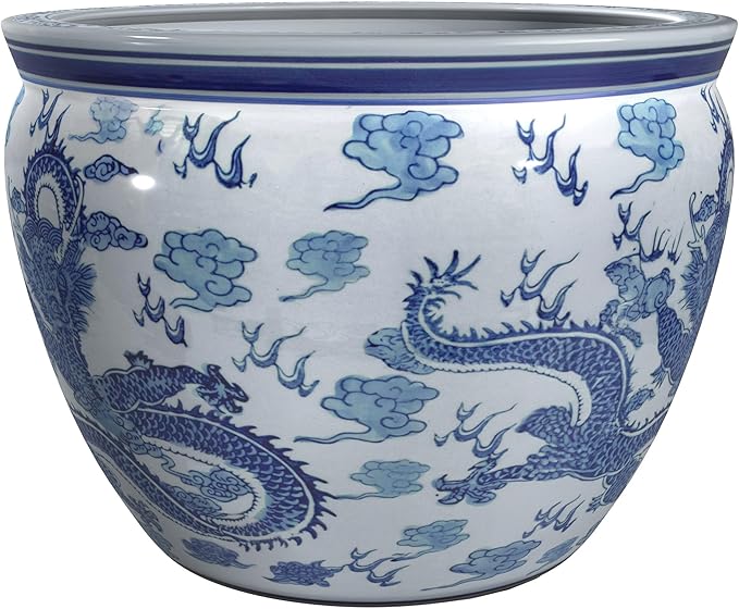 Red Lantern 18" Dragon Blue & White Porcelain Fishbowl - Image 6