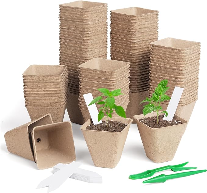 Square Peat Nursery Pots 150 Pcs 3in Biodegradable and Label, Used by KOAMLY