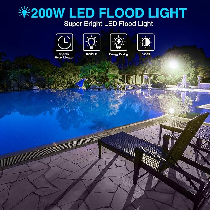 Olafus 2 Pack 200W LED Flood Light Outdoor, 18000LM Super Bright IP66 - Image 3