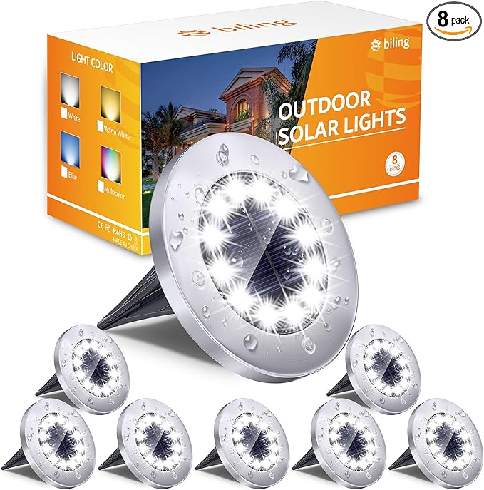 Biling Solar Ground Lights Outdoor 8 Packs, 12 LEDs Bright Flat Solar Lights by biling