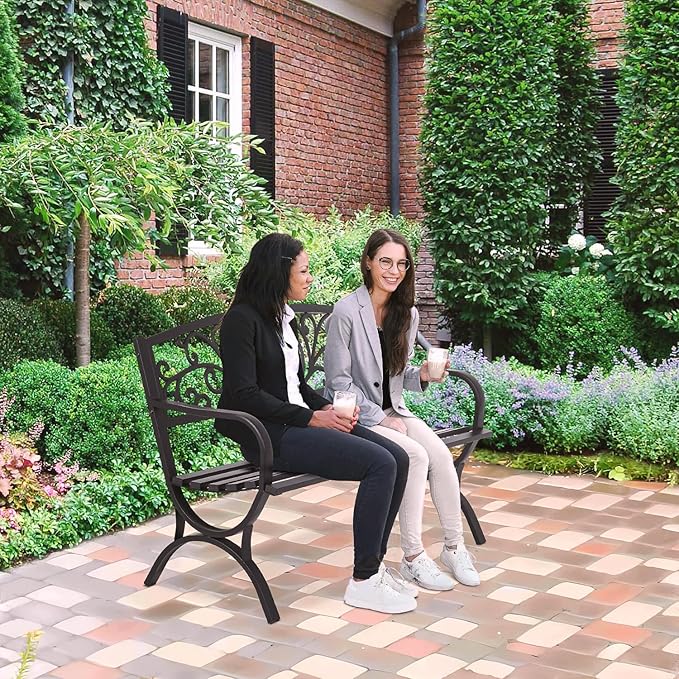 FDW Outdoor 50 Inches Garden Bench, Slatted Seat Armrests Floral Design Backres - Image 2